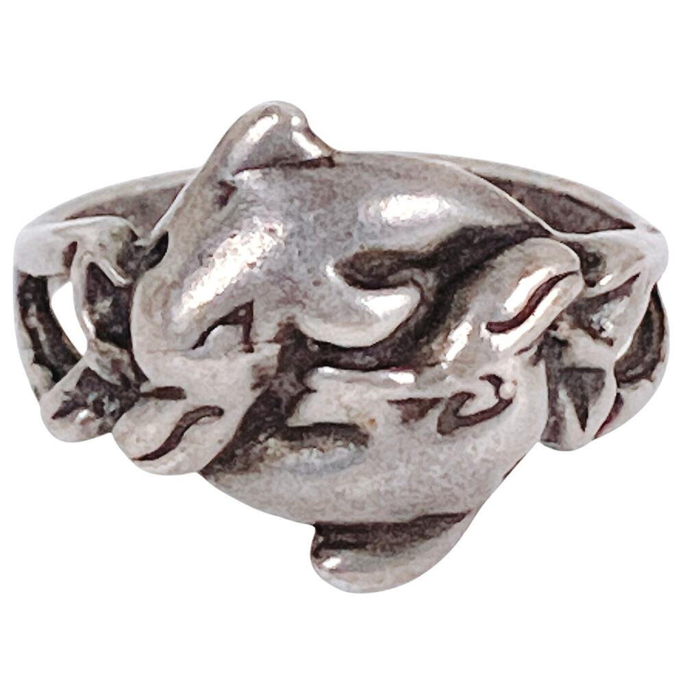 VTG Solid Silver Dolphin Ring 1990s Nautical Ocean Jewelry Sculptural Figural